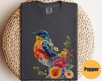 Maglietta con uccelli floreali / Regalo per gli amanti degli uccelli / Maglietta con fiori naturali / Maglietta con amanti degli acquerelli / Fiori di uccelli / Maglietta per gli amanti degli animali / Maglietta con fiori boho