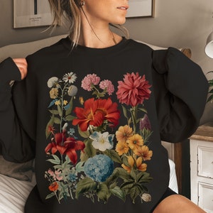 Boho cottagecore ronde hals | Sweater met bloemen | Oversized sweater met wilde bloemen Fairycore | Cottagecore-kleding | Botanische sweater