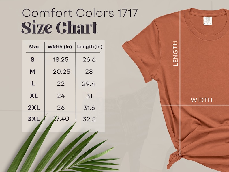 May include: Size chart for Comfort Colors 1717 t-shirts, showing width and length measurements in inches for sizes S to 3XL.