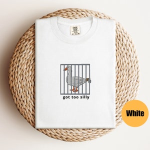 May include: White t-shirt with a graphic of a goose in a cage with the text "got too silly".