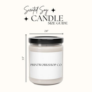 May include: A clear glass candle jar with a black lid and a white label that says "PRINTWORKSHOP CO". The candle jar is 3.5 inches tall and 2.8 inches wide. The candle is a scented soy candle.