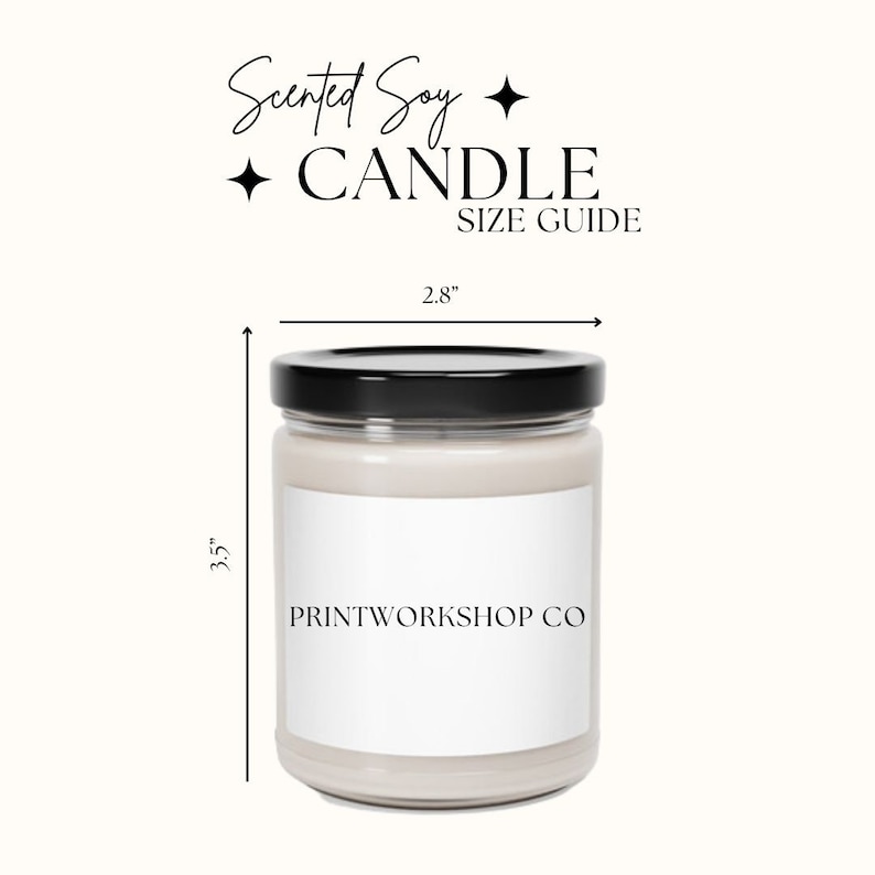 May include: A clear glass candle jar with a black lid and a white label that says "PRINTWORKSHOP CO". The candle jar is 3.5 inches tall and 2.8 inches wide. The candle is a scented soy candle.