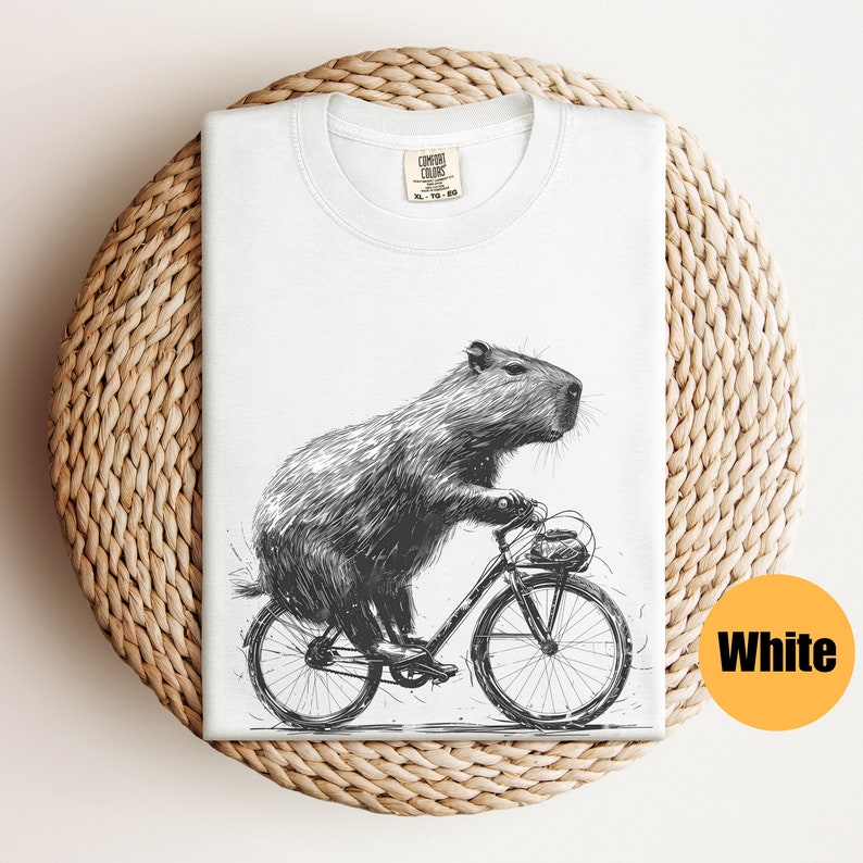 Capybara Riding Bike Shirt Capybara Gift Animal Lover Gift Capybara Tee Capybara T-Shirt Funny Animal Lover T-Shirt Rodent Shirt White