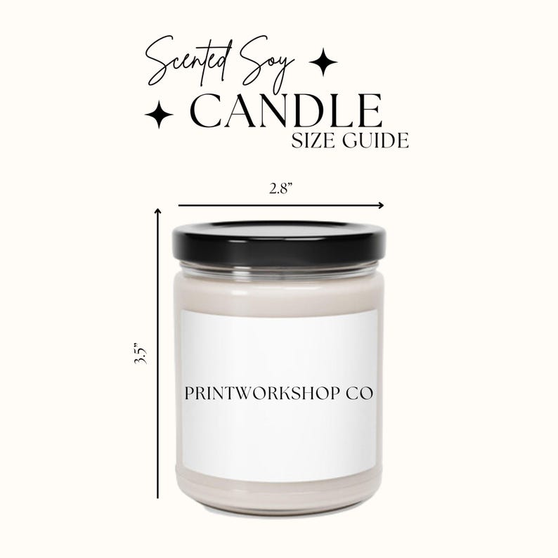 May include: A clear glass candle jar with a black lid and a white label that says "PRINTWORKSHOP CO". The candle jar is 3.5 inches tall and 2.8 inches wide. The candle is a scented soy candle.