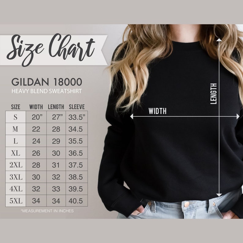 Pode incluir: Tabela de tamanhos para sweatshirts de mistura pesada Gildan 18000. A tabela mostra as medidas em polegadas para a largura, o comprimento e o comprimento da manga para os tamanhos S a 5XL.
