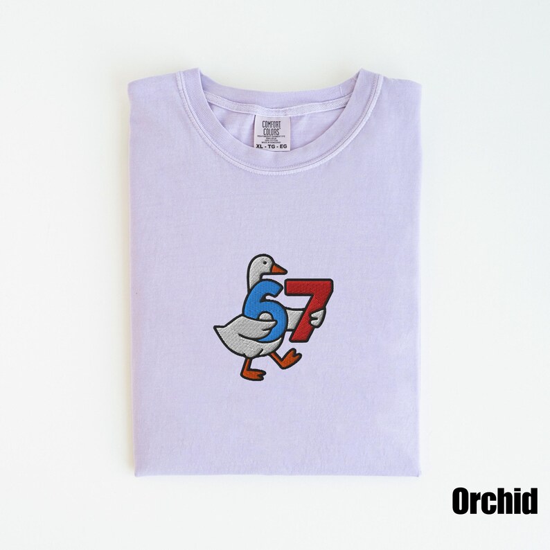Peut inclure: T-shirt Comfort Colors violet clair avec un motif brod&eacute; d'une oie tenant les chiffres 6 et 7. Le t-shirt est &eacute;tiquet&eacute; "Orchid" en bas &agrave; droite.