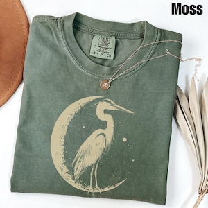 Graureiher Shirt, Linolschnitt Shirt, Vogel Liebhaber Shirt, Hippy Kleidung, Volkskunst, Linoldruck Design, Blauer Vogel Design, Vintage Vogel Druck Moss