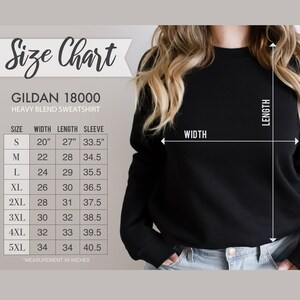 K&ouml;nnte beinhalten: Gr&ouml;&szlig;entabelle f&uuml;r Gildan 18000 Heavy Blend Sweatshirts. Die Tabelle zeigt die Ma&szlig;e in Zoll f&uuml;r Breite, L&auml;nge und &Auml;rmell&auml;nge f&uuml;r die Gr&ouml;&szlig;en S bis 5XL.