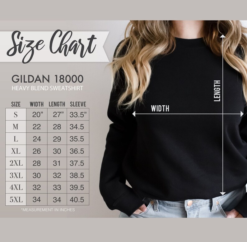K&ouml;nnte beinhalten: Gr&ouml;&szlig;entabelle f&uuml;r Gildan 18000 Heavy Blend Sweatshirts. Die Tabelle zeigt die Ma&szlig;e in Zoll f&uuml;r Breite, L&auml;nge und &Auml;rmell&auml;nge f&uuml;r die Gr&ouml;&szlig;en S bis 5XL.
