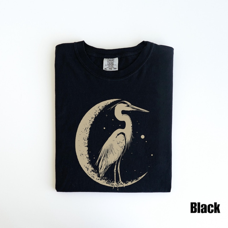 Graureiher Shirt, Linolschnitt Shirt, Vogel Liebhaber Shirt, Hippy Kleidung, Volkskunst, Linoldruck Design, Blauer Vogel Design, Vintage Vogel Druck Black