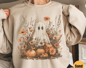 Ghost With Flowers Sweatshirt | Halloween Ghost Crewneck | Floral Ghost Shirt | Flower Halloween Crewneck | Vintage Ghost Crew | Fall Hoody