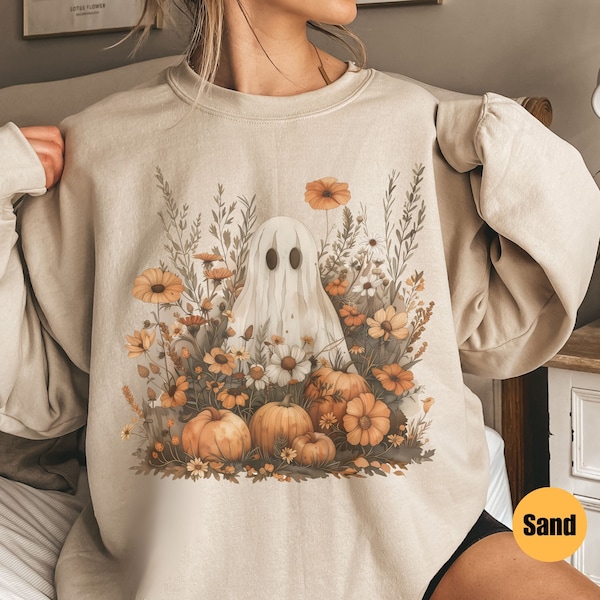 Sweatshirt geest met bloemen | Halloween-spook met ronde hals | Gebloemd spookshirt | Halloween-ronde hals met bloemen | Vintage spookbemanning | Herfsthoody
