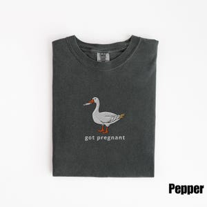 May include: Pepper-colored t-shirt with a graphic of a goose holding a thermometer. The goose is white with gray and yellow accents. The text "got pregnant" is below the goose.