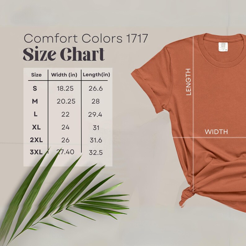 Peut inclure: Un t-shirt couleur rouille avec un tableau des tailles pour Comfort Colors 1717. Le tableau affiche les tailles S &agrave; 3XL, avec des mesures de largeur et de longueur en cm. Le t-shirt est &agrave; plat, avec des &eacute;tiquettes indiquant la longueur et la largeur.