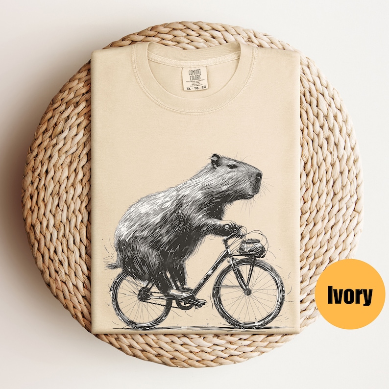 Capybara Riding Bike Shirt Capybara Gift Animal Lover Gift Capybara Tee Capybara T-Shirt Funny Animal Lover T-Shirt Rodent Shirt Ivory