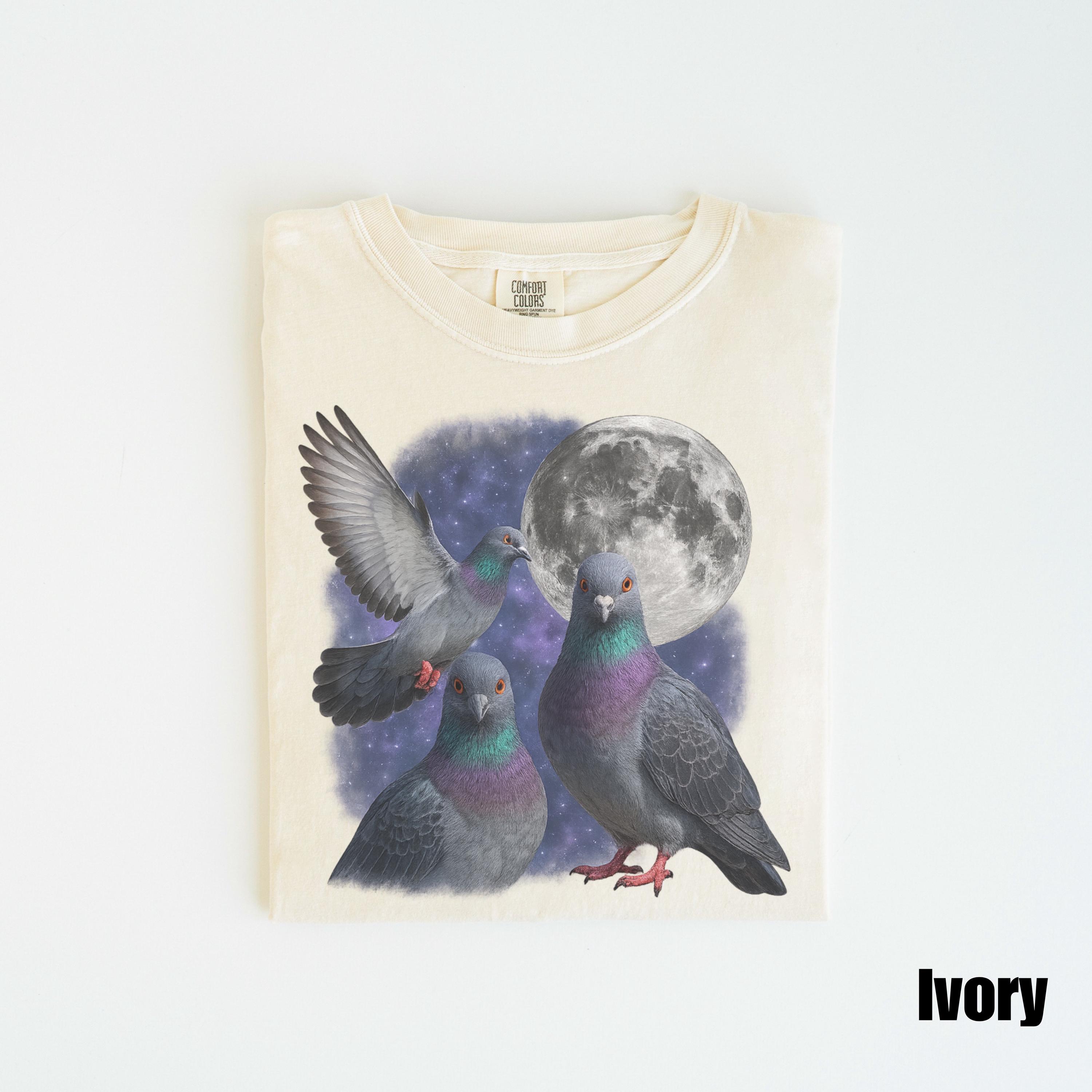 3羽の鳩のレトログラフィックTシャツ、鳩の月Tシャツ、鳩好きへの 