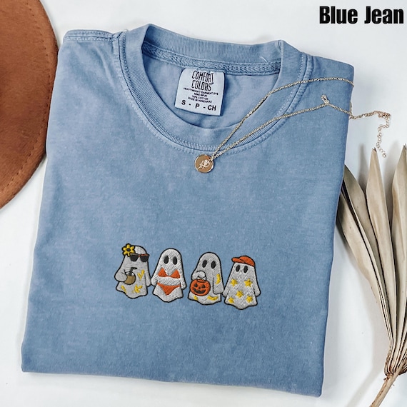 Cute Summerween Ghost Embroidered Comfort Colors ® Tee, Spooky Season Outdoors Gift, Halloween Vintage Embroidery Tshirt, Summerween gift