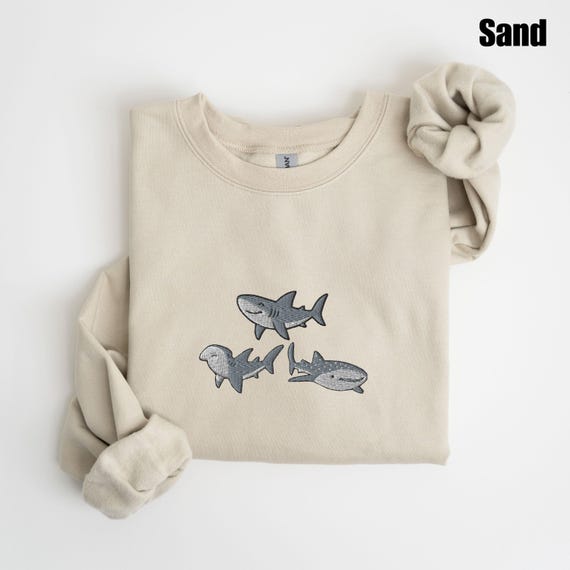 Embroidered Shark Sweatshirt, Whale Shark, Hammerhead and Great White Design, Ocean Animal Crewneck, Marine Life Gift for Shark Lovers