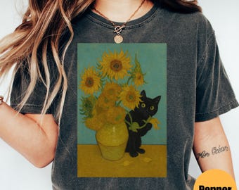 Camiseta de gato Van Gogh Comfort Colors®, camiseta de gato con iris de Van Gogh, camiseta de gato negro, camiseta divertida de gato, camisetas para mujer, idea de regalo divertida, regalo para mamá gatuna