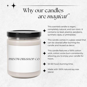 May include: A clear glass candle jar with a black lid and a white label that says "PRINTWORKSHOP CO". The candle is surrounded by text that describes the candle as vegan, natural, and non-toxic. The text also mentions that the candle is made with 100% natural soy wax and has a 100% cotton wick.