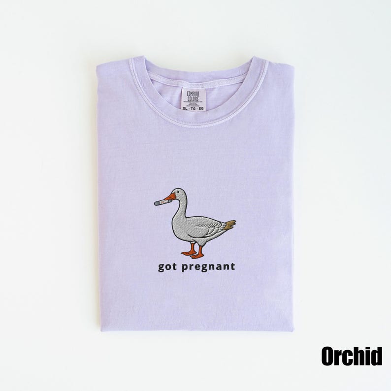 May include: A light purple t-shirt with a graphic of a gray goose holding a cigarette. The text "got pregnant" is below the goose. The shirt is labeled "Orchid" and is a Comfort Colors brand.