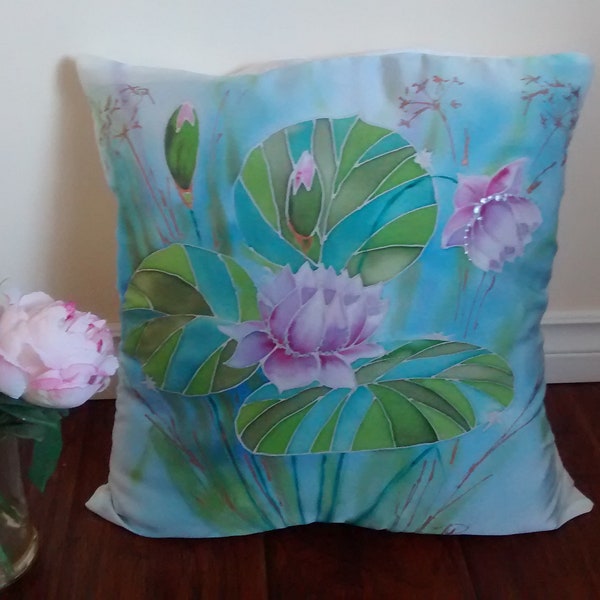 Silk Pillow cover, Hand painted pillow cover, Silk Painting Lily flower with blue background Luxury pillows Decorative pillows, throw pillow