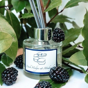 May include: A clear glass bottle with a silver cap and a label that reads "Dark Hedges at Midnight". The bottle is filled with a clear liquid and has black sticks sticking out of the top. There are blackberries scattered around the bottle.