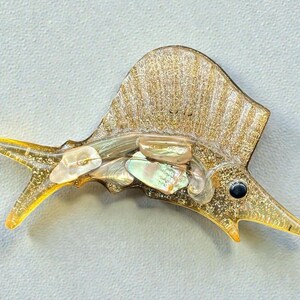 Resin Lucite Swordfish Abalone Shell Wall Art MCM Fish Gold Beach Decor 9 Vtg