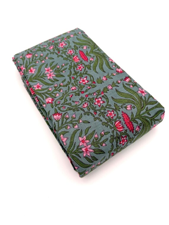 Indian Block Print Green & Pink Floral Cotton Cambric fabric - 44” Wide. BTY.