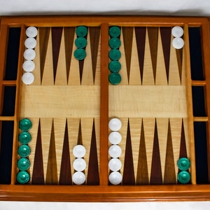 Wooden Backgammon Board, dice playing game.