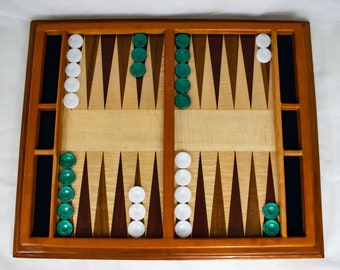 Wooden Backgammon Board, dice playing game.