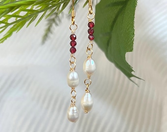Freshwater Pearl and Garnet Earrings , Dainty Earrings, Mixed Stone Earring