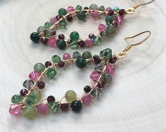 Rosa turmalin-granatörhängen: Förgylld tråd, Swarovski-kristaller