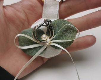 Tiny Satin Dog Ring Bearer Collar Tag Medallion With Eucalyptus Leaves and Pearl