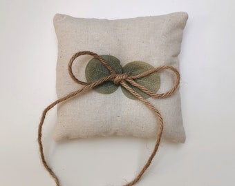 Boho Linen Ring Bearer Pillow With Eucalyptus Leaves and Matte Glass Pearls WithTwine