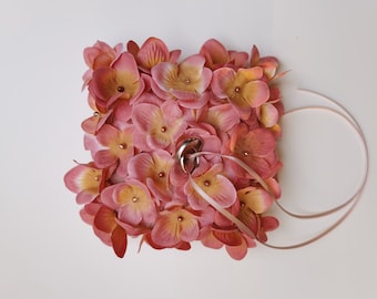 Fall Ring Bearer Pillow – Orange Hydrangea Petals Matching on Pink Satin, Wedding Keepsake