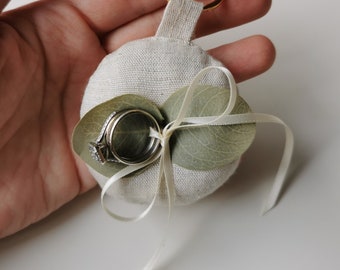 Boho Linen Dog Ring Bearer Collar Tag Medallion With Eucalyptus Leaves and Pearl