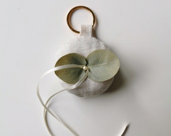 Médaillon pour bague de collier pour chien en lin bohème, avec feuilles d'eucalyptus et perle