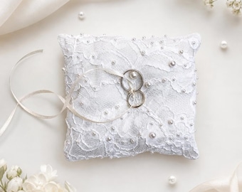 Ring Bearer Pillow | Pearl Lace Wedding Pillow | Ivory Satin Ring Holder | Custom Ring Cushion | Handmade Wedding Keepsake