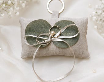 Boho Linen Dog Ring Bearer Pillow With Eucalyptus Leaves and Matte Pearl