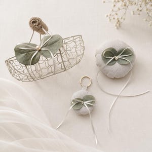 Boho Linen Flower Girl Basket & Ring Bearer Pillow With Eucalyptus Leaves and Pearl