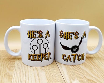 Personalized Harry Potter Mug Set, He's a Keeper, She's a Catch