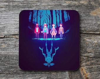 Stranger Things coaster, 90's pixelated design artwork,  Printed SQUARE - High Gloss Finish,