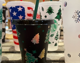 Christmas Tree Black Plastic Cup- small kids cup- Grande Christmas tree cup - Christmas themed cup- holiday Cup- cup with lid and straw