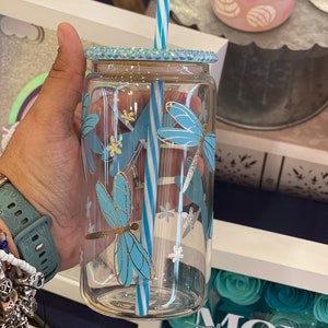Blue Dragonfly Glass Cup - Dragonfly cup - Dragonly tumbler - Dragonfly glass can