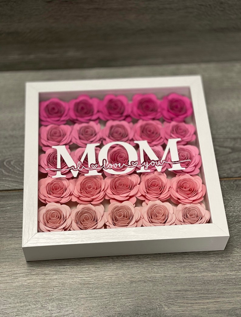 Shadow box 3D Rolled Paper Flower shadowbox Anniversary gift Mothers Day gift Gift for Wife Gift for Mom Pink Christmas Gift image 3
