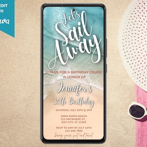 Digitale verjaardag Tropical Beach Cruise Party uitnodiging, elektronisch tekstbericht Evite, laten we wegzeilen, bewerkbare sjabloon, Instant Download