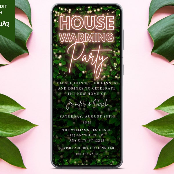 Digital Housewarming Party Invitation, Electronic New Home Invite, Rose Gold Neon Greenery, Editable Template, Phone Evite, Instant Download