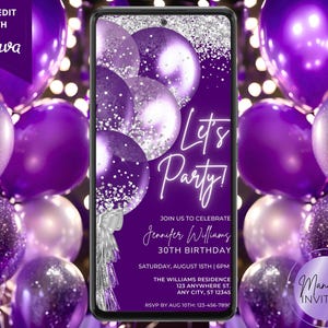 Digital Purple Silver Balloons Birthday Invitation, Electronic Birthday Party Invite, Editable Template, Phone Text Evite, Instant Download