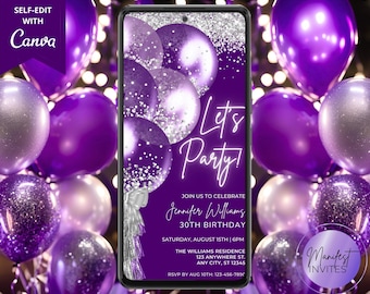 Digital Purple Silver Balloons Birthday Invitation, Electronic Birthday Party Invite, Editable Template, Phone Text Evite, Instant Download